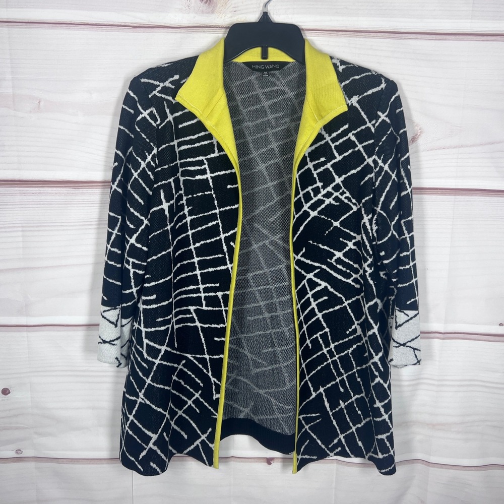 Ming Wang Jacket Womens Medium Black Yellow Abstract Knit Open Front Workwear